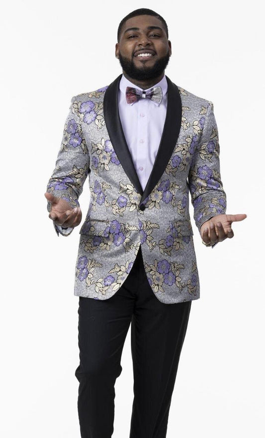 Purple Floral Print Blazer w/ Bowtie